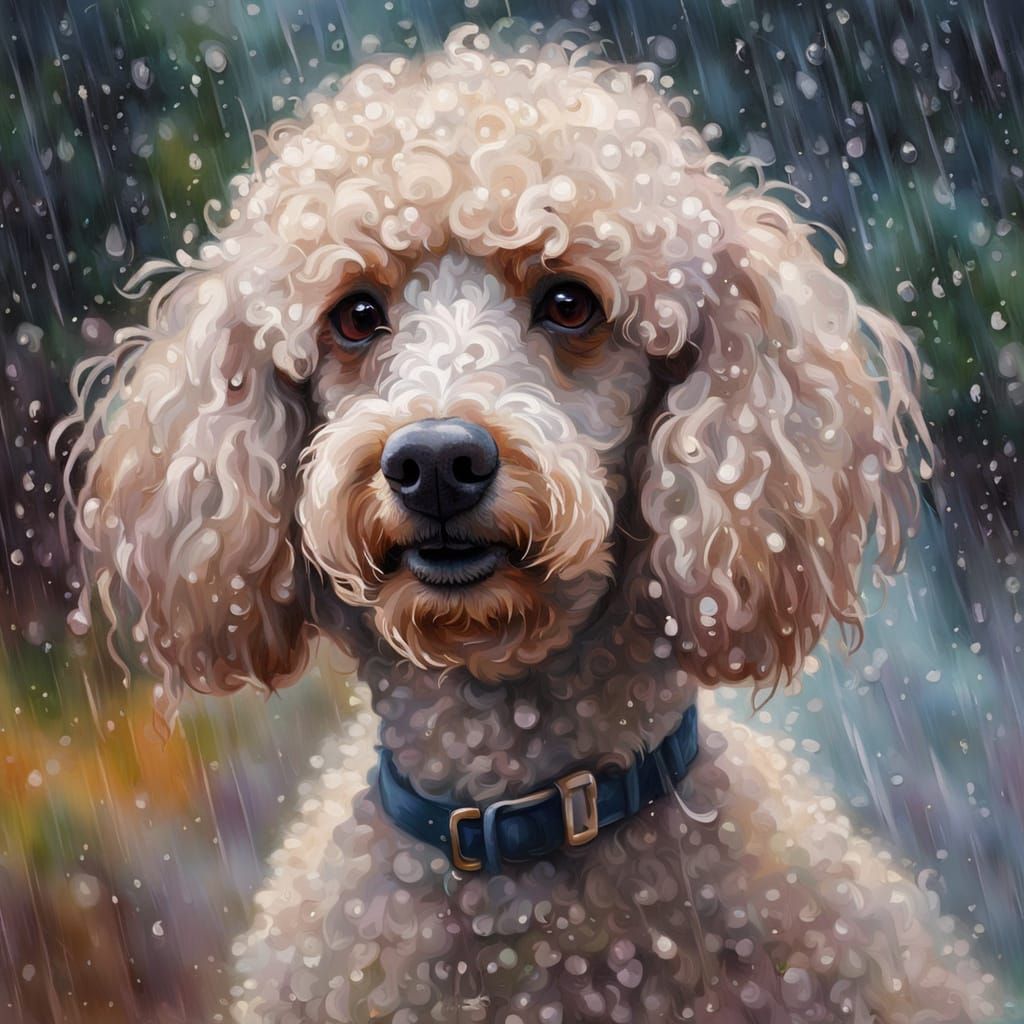 Poodle in the Rain: Impressionistic Oil Painting