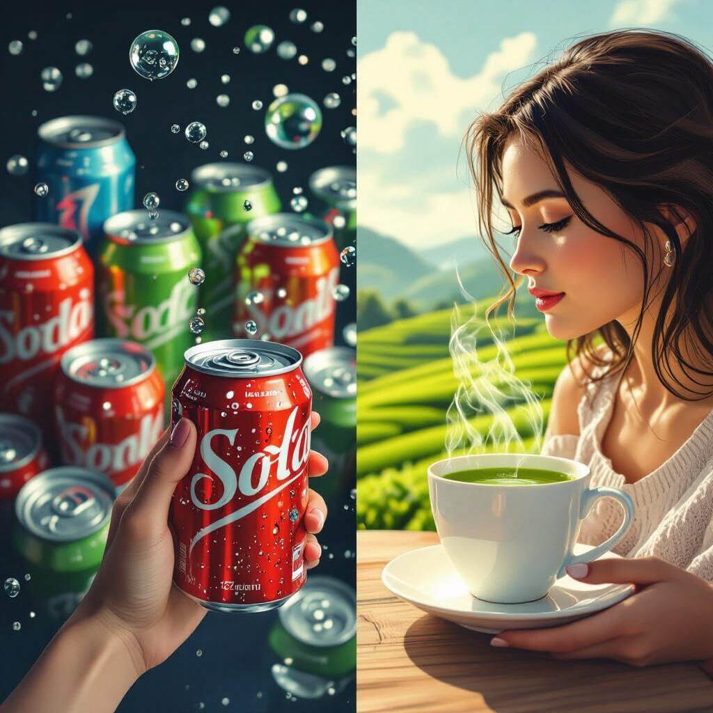 Soda vs. Matcha: A Split-Screen Drink Choice