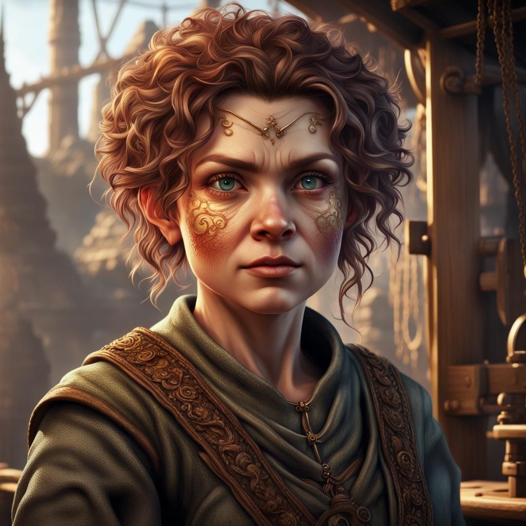 Middle-Aged Halfling Weaving at Loom: Graphic Art