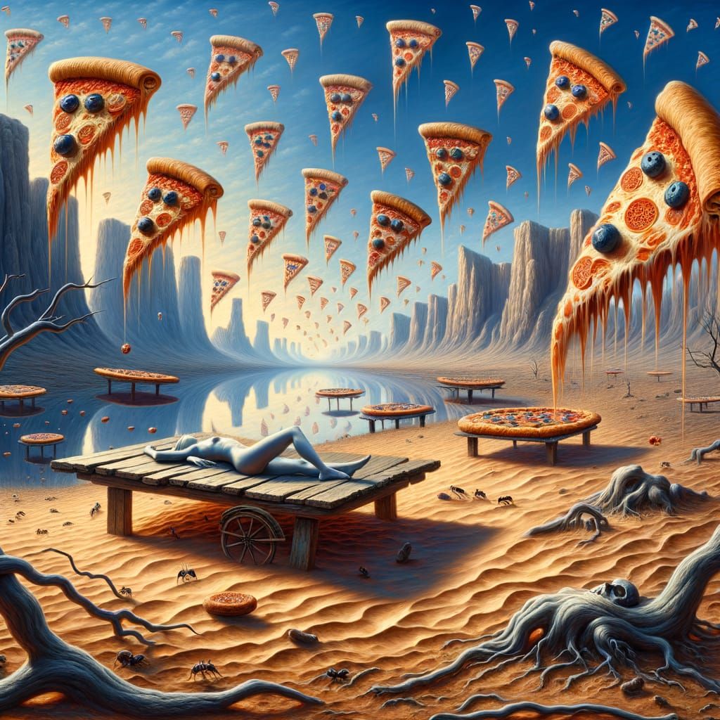 Surreal Pizzas Melt in Dreamlike Desert Landscape