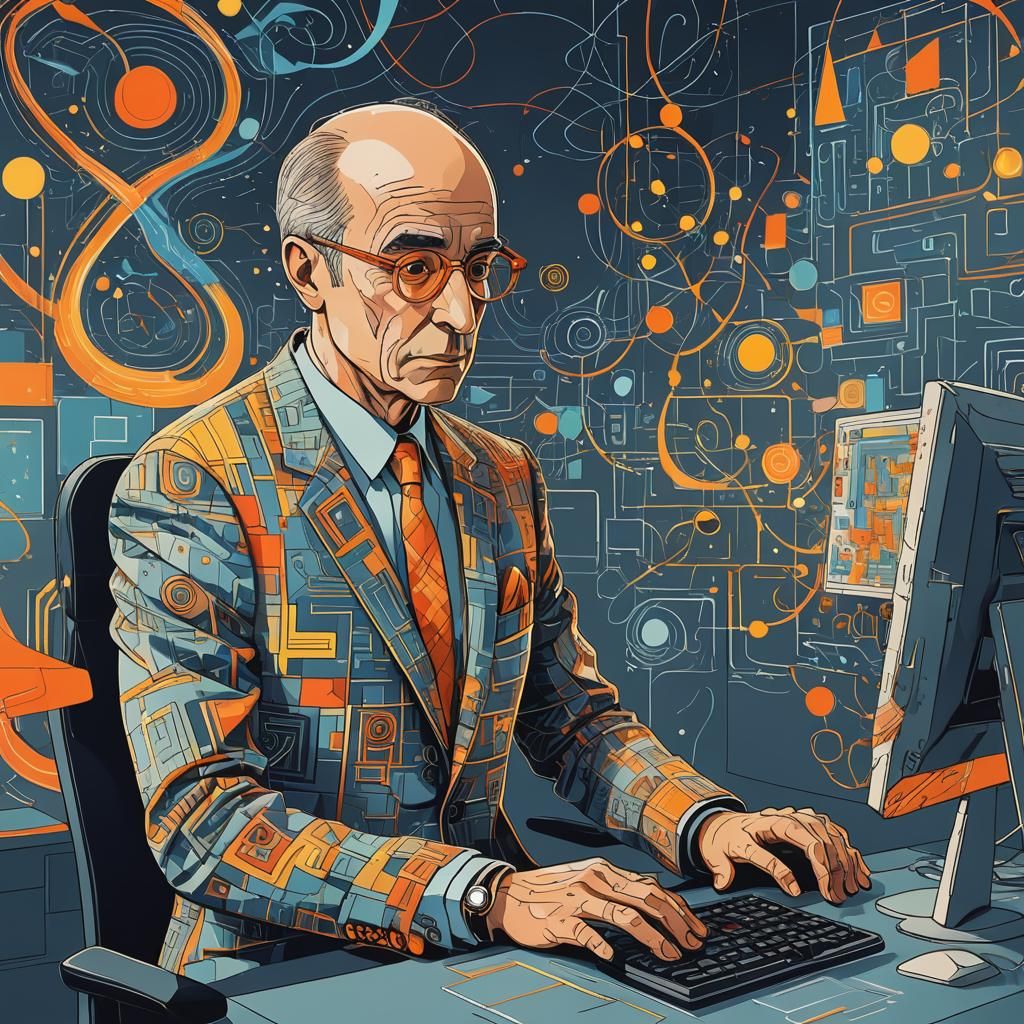 Worker at Computer in Abstract Clipart Style