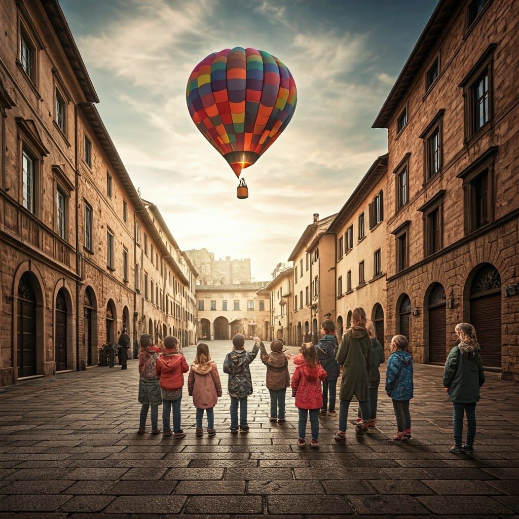Children Gaze at Hot Air Balloon in Italian Square