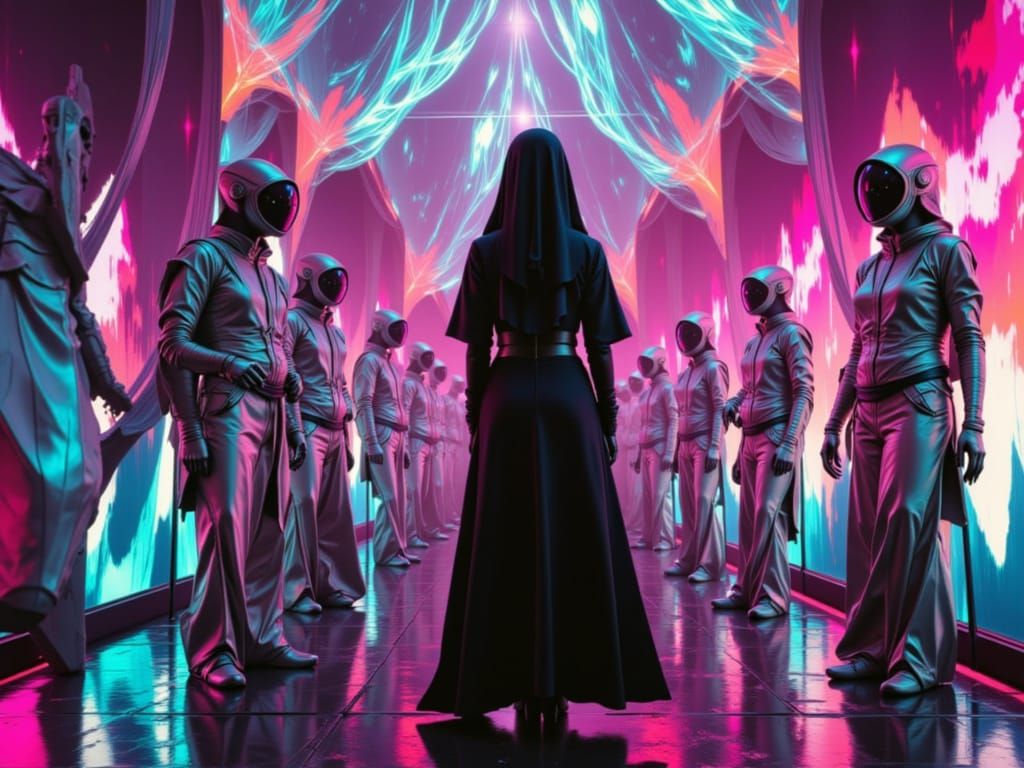 Techno Nun in Neon Lights with Mech Details