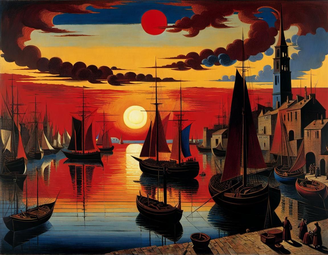 Surreal Sunset Over Old Port in Deep Red and Blue