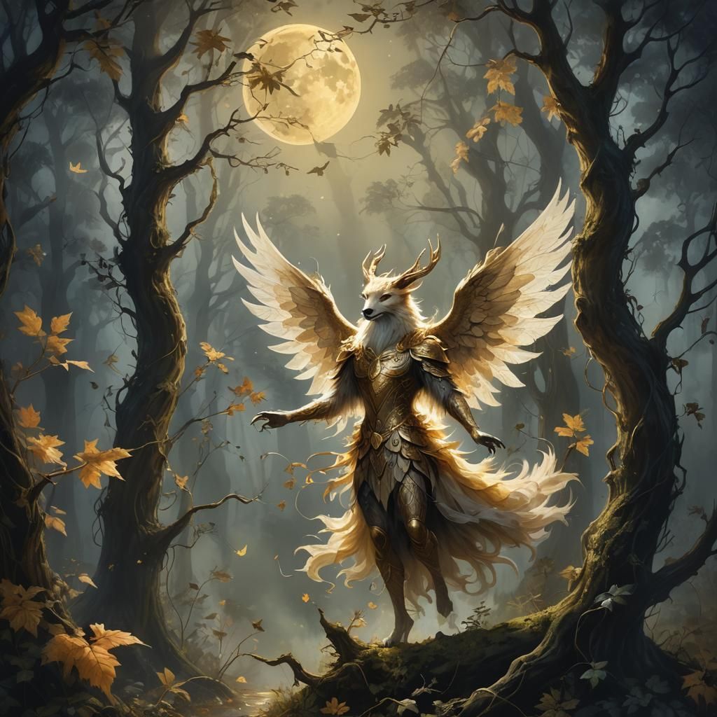 Mythical Creature Dancing in Moonlit Renaissance Forest