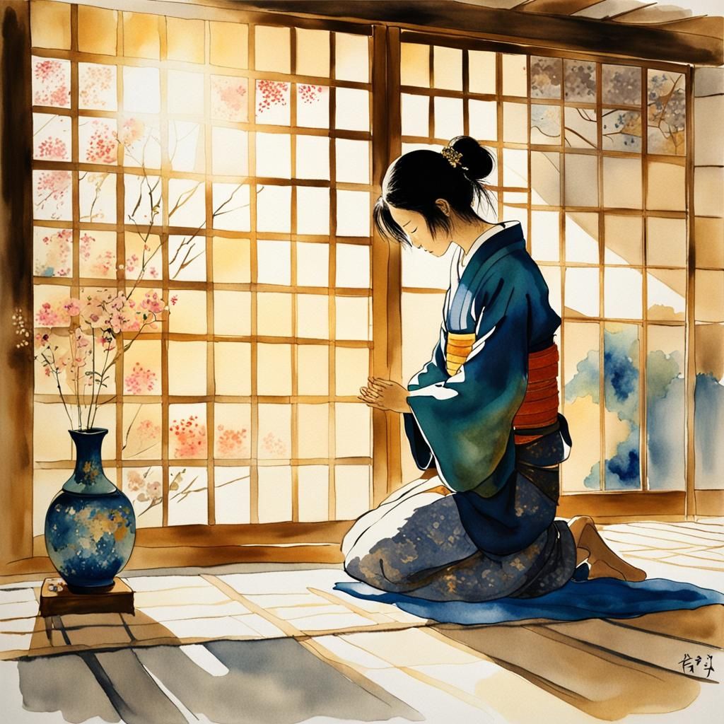 Japanese Girl in Prayer: Minimalist Watercolor Art