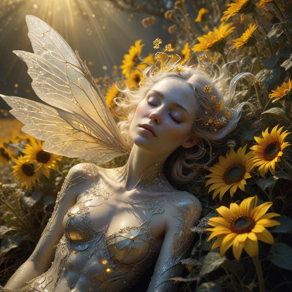 Serene Elf Maiden Basks in Sunlit Sunflower Glow