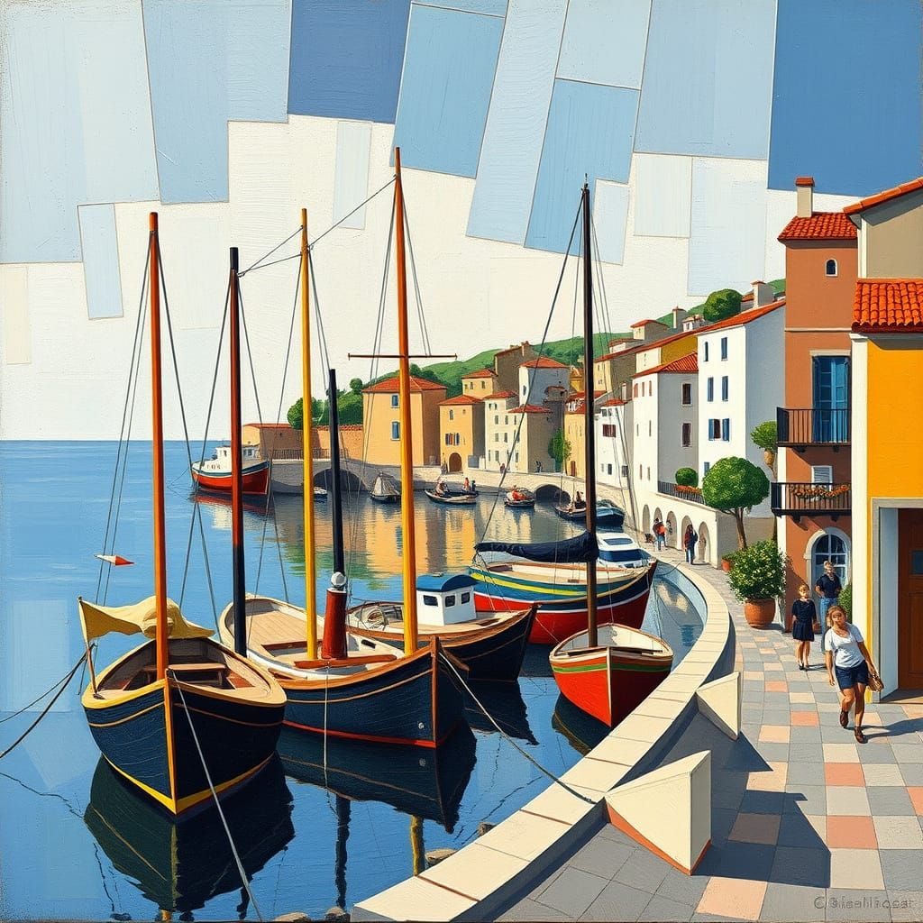 French Fishing Port Scene in Abstract Cubist Style