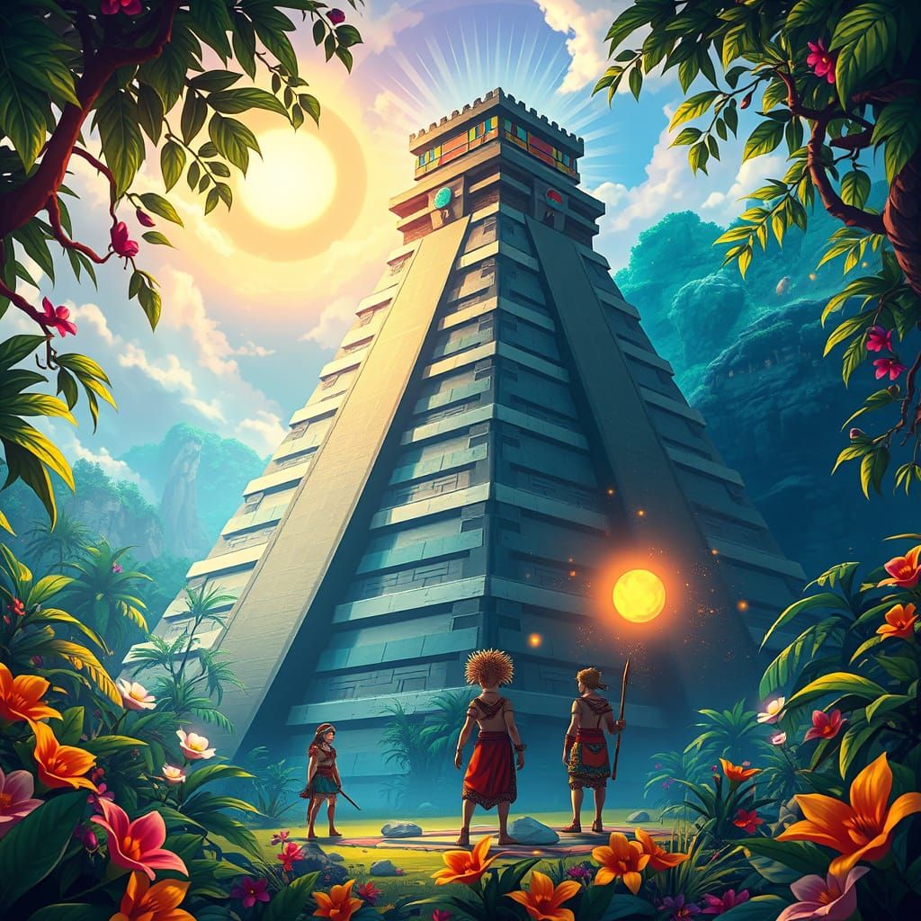 Ethereal Mayan-Aztec Pyramid in Vibrant Jungle Landscape