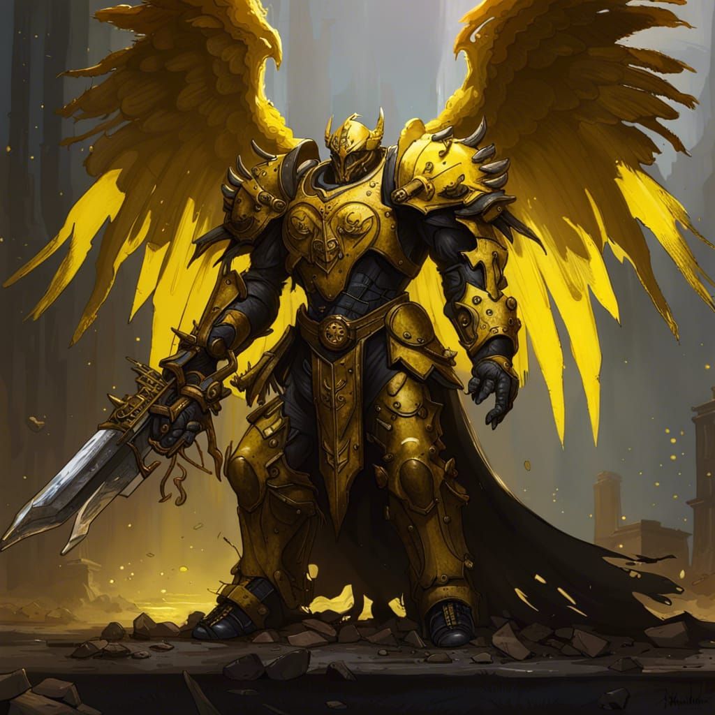 Fallen Aasimar Paladin Warlock in Yellow Armor