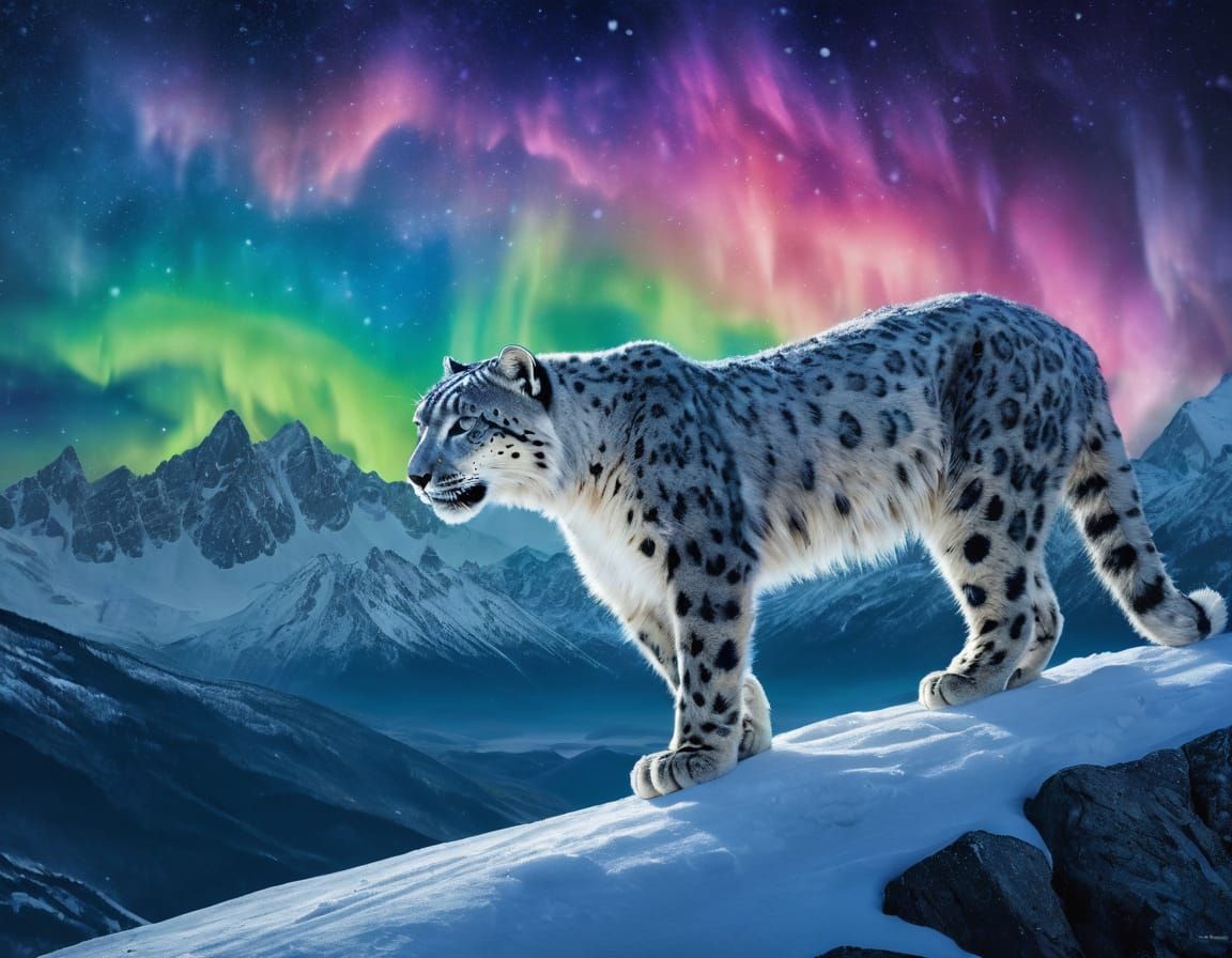 Majestic Snow Leopard Under Aurora Borealis