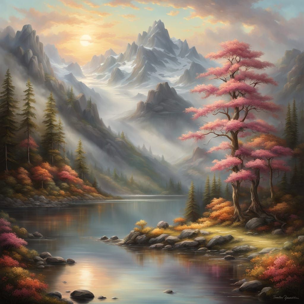 Serene Mountain Sunset Over Ocean in Soft, Realistic Colors