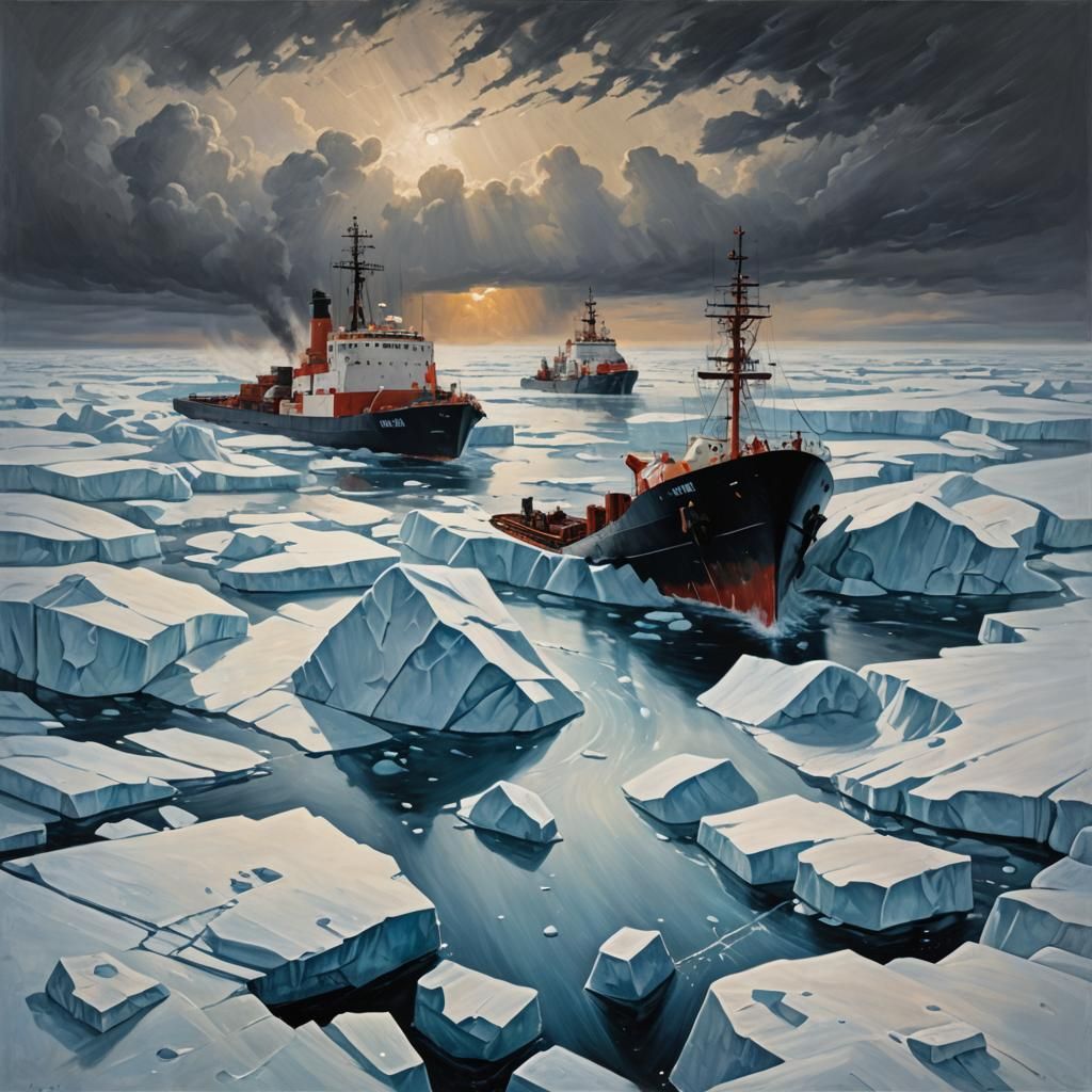 Arctic Icebreaker in Gloomy Seas, Oil Painting