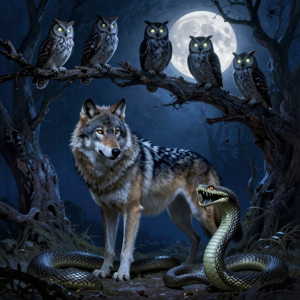 Wolf and Rattlesnake Under Moon with Owls in Fantasy Art Sty...