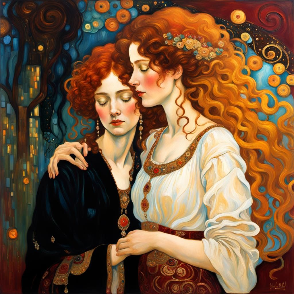 Klimt-Inspired Painting of Two Women in Intimate Setting
