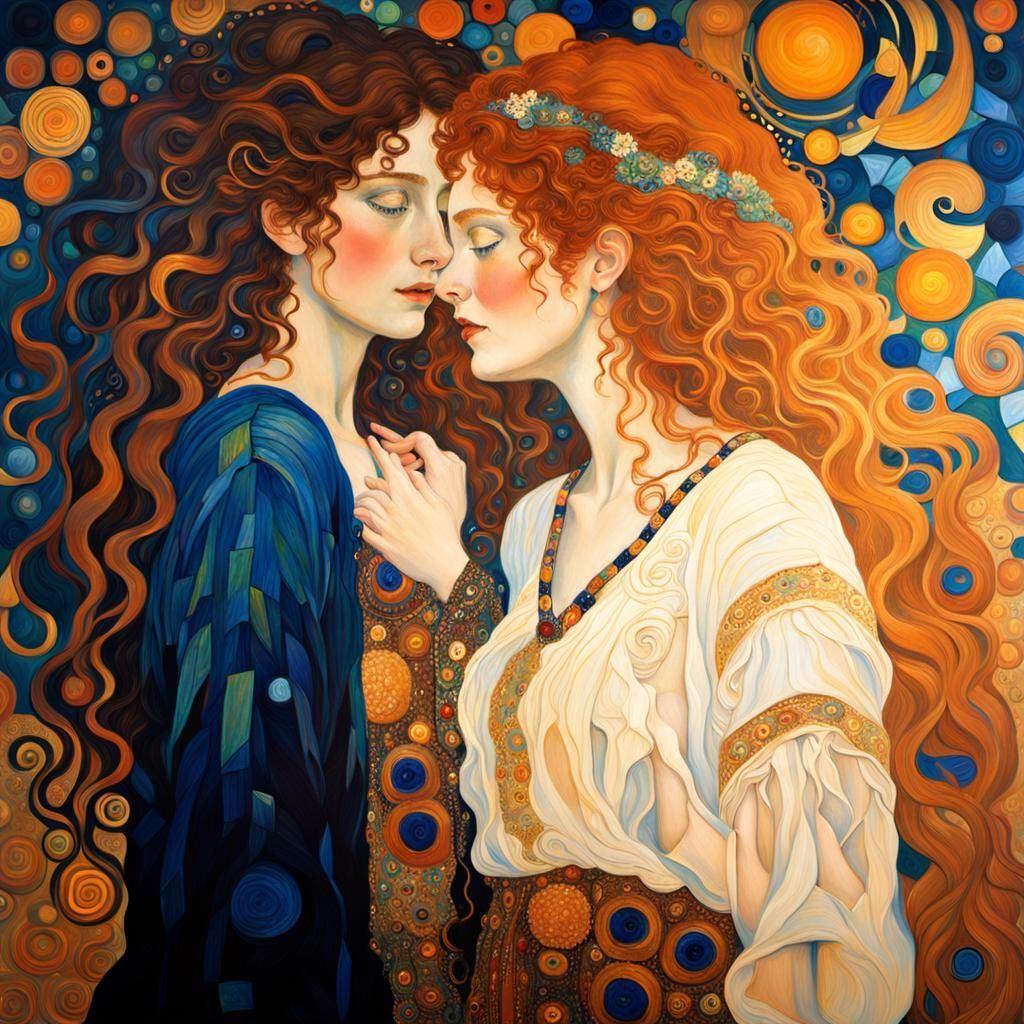 Romantic Klimt-Style Painting of Two Women