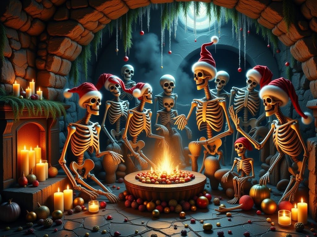 Skeletons Celebrate Christmas in Eerie Tomb