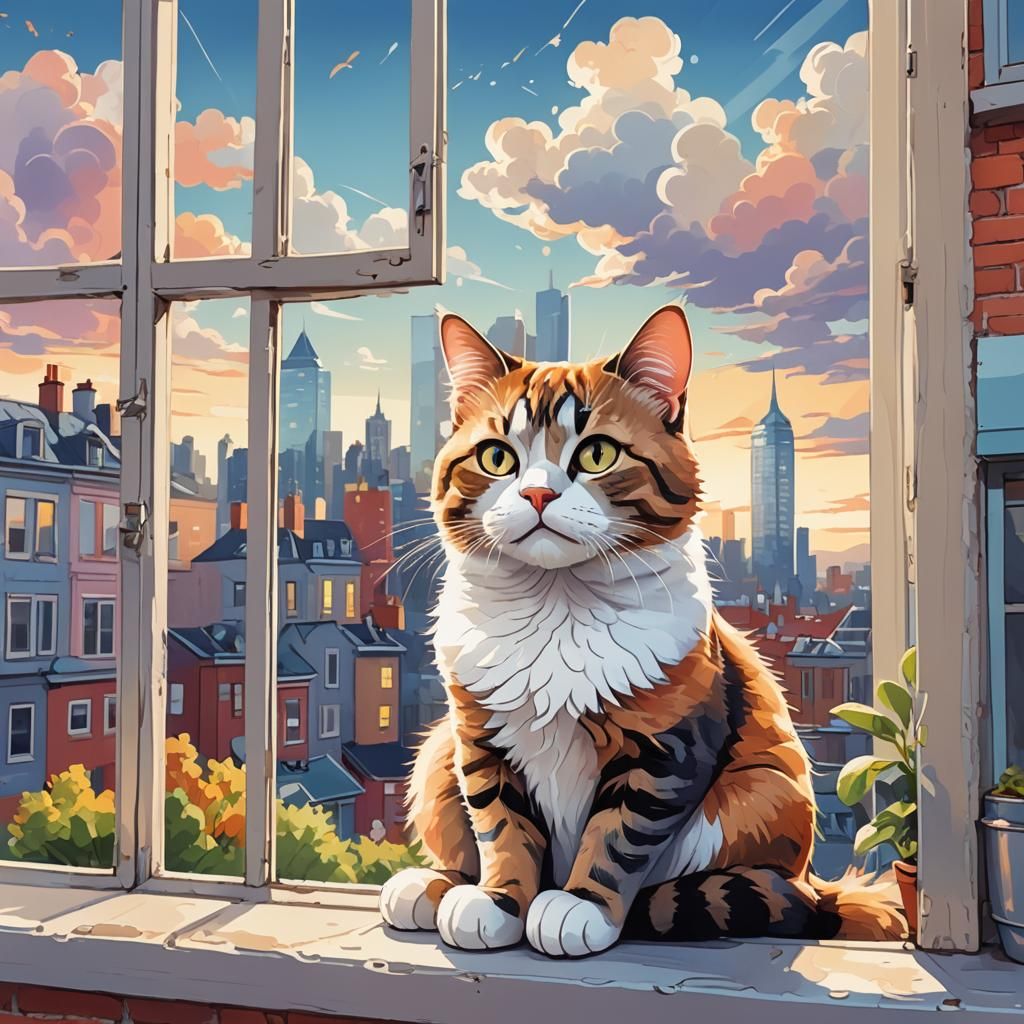 Cartoon Cat Gazing at City in Children's Book Style