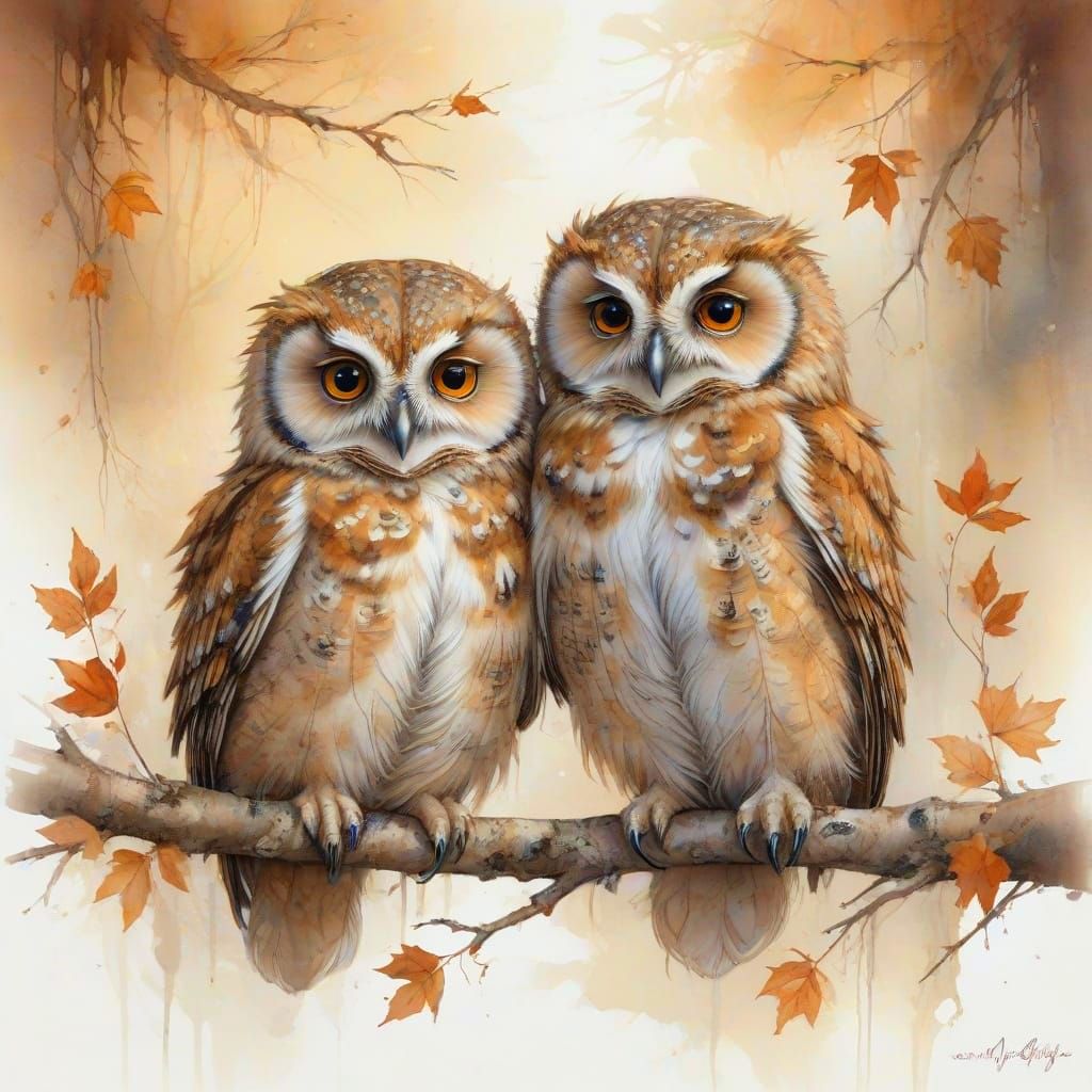 Surreal Watercolor Owls Perch on Autumn Branch