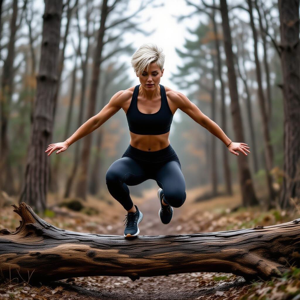 Fit Woman Jumps Over Tree Trunk in Darkwood