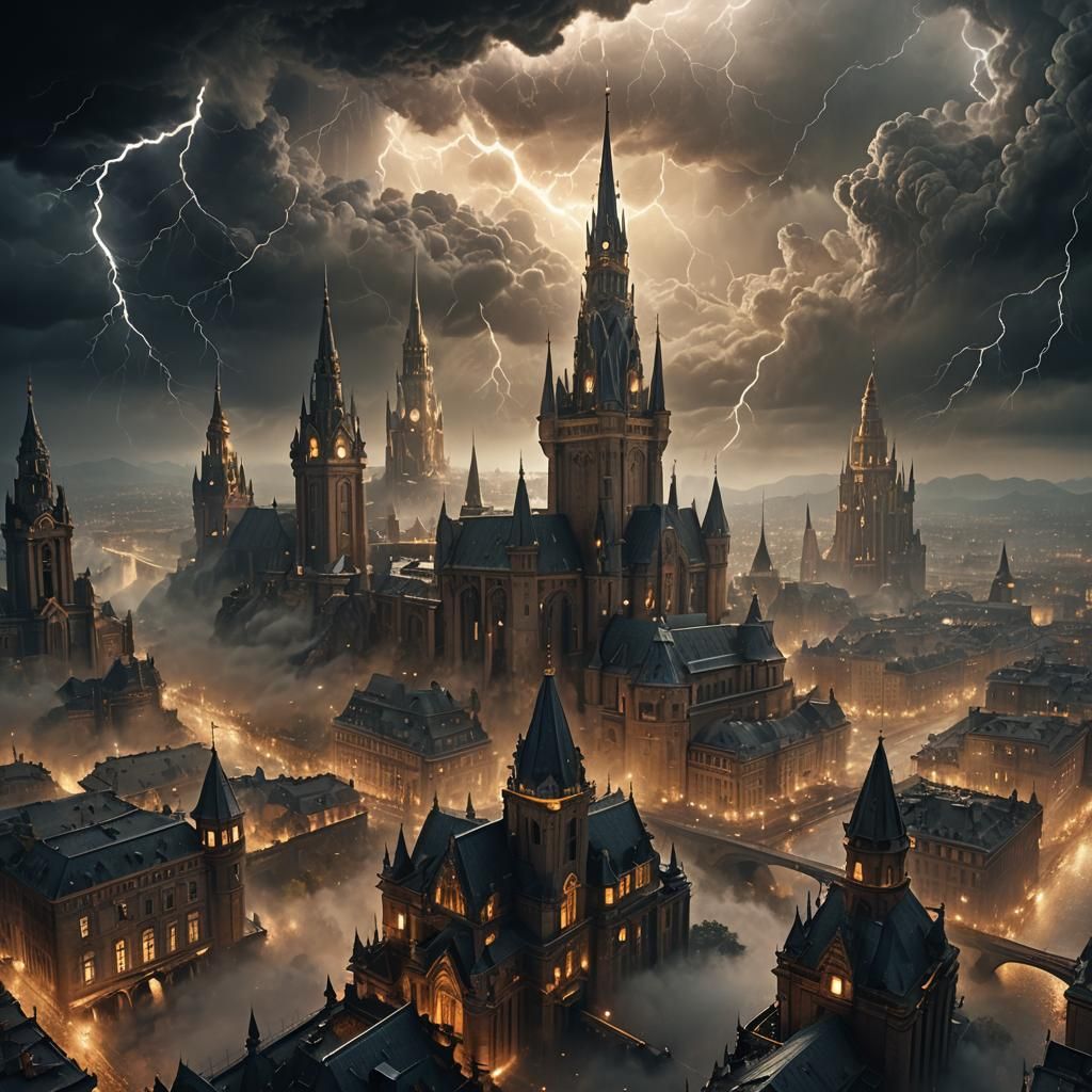 Dreamlike Cityscape Floating in Stormy Sky: Digital Matte Pa...