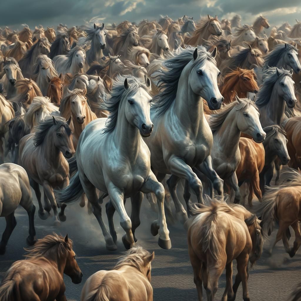 Centaurs Galloping Down Road: Hyper-Realistic Digital Art