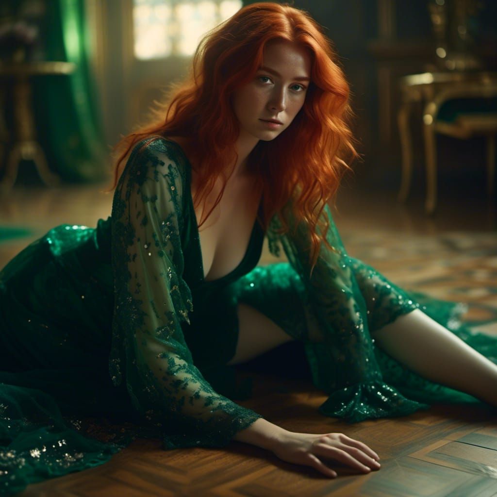 Redhead in Green Nightgown Poses on Floor