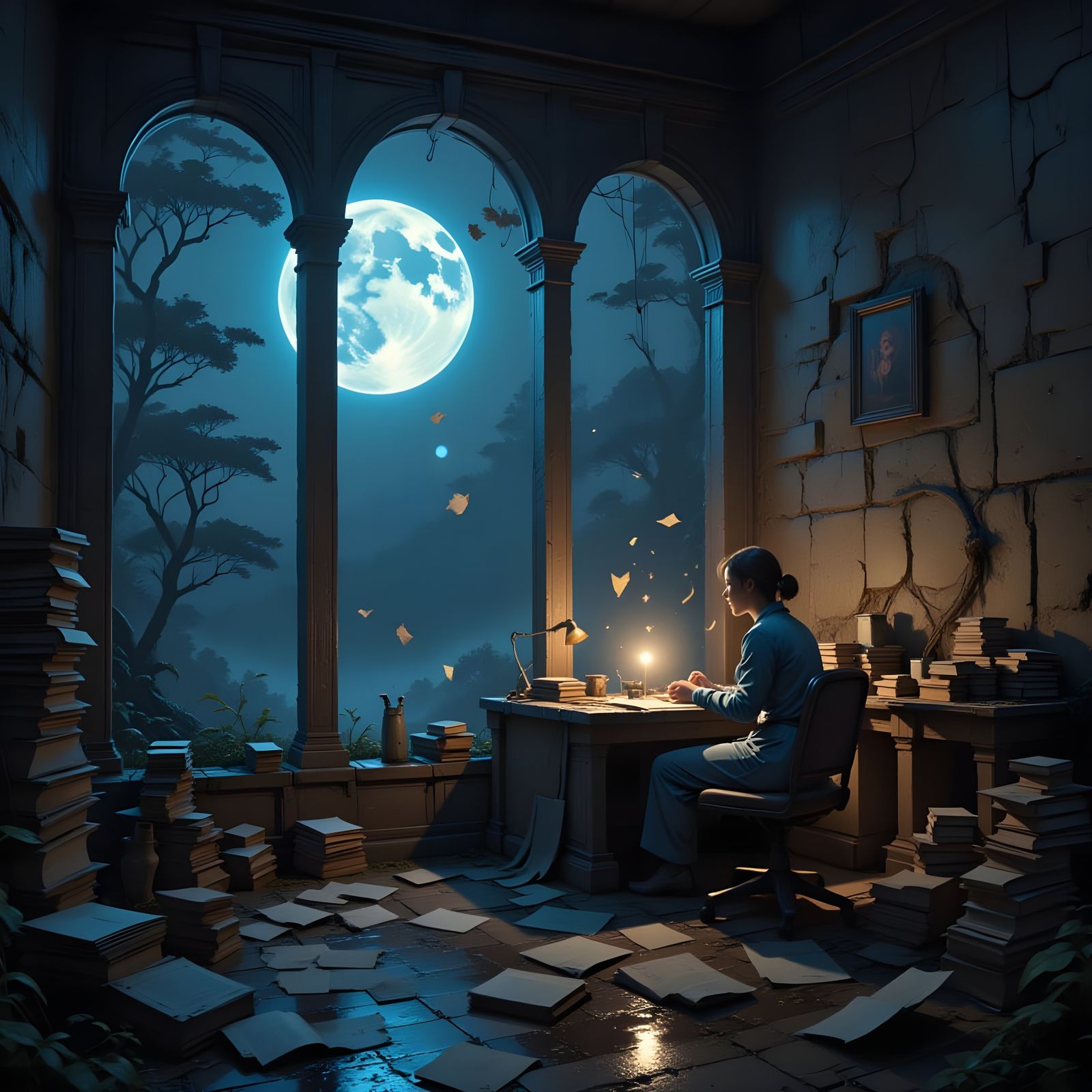 Solitary Figure in Moonlit Study