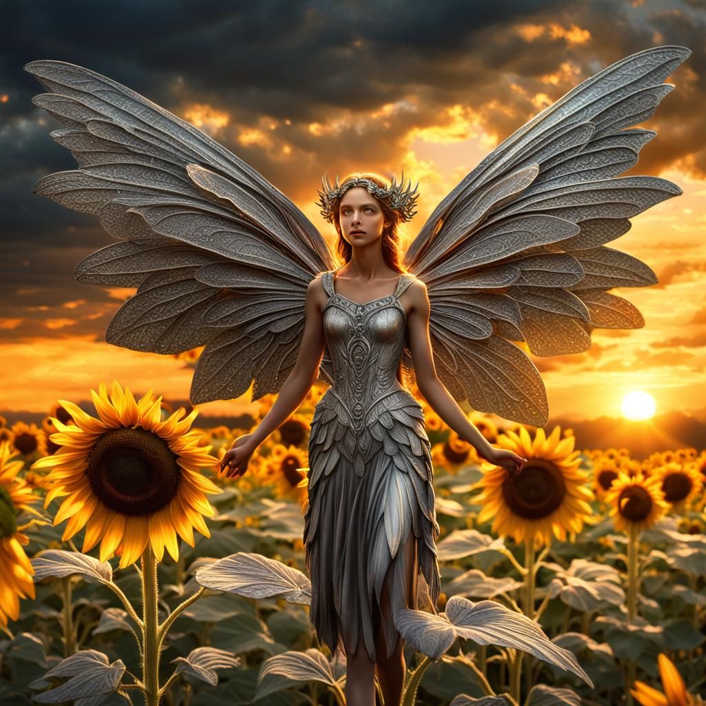 Fairy on Sunflower at Sunset: Hyperrealistic Digital Art
