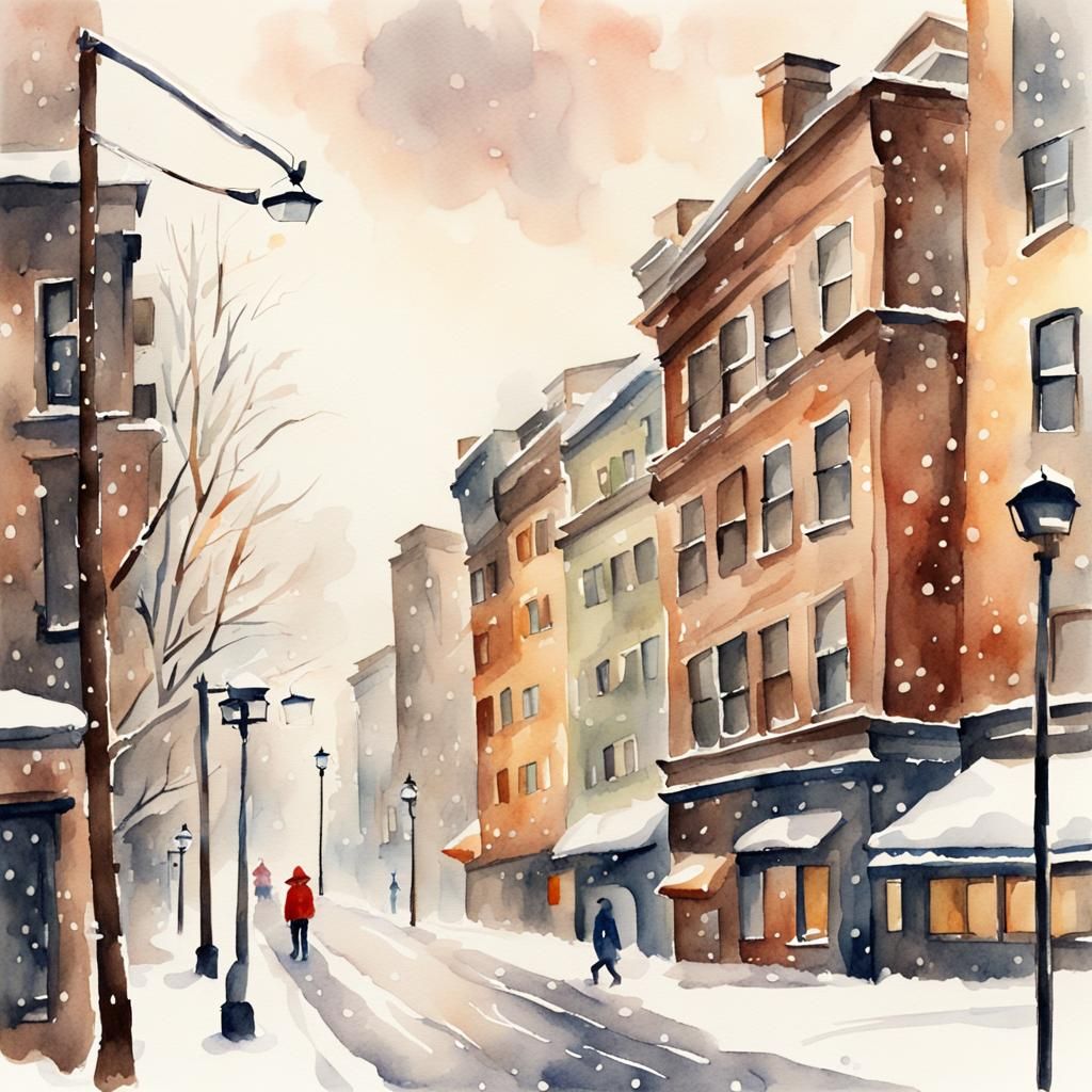 Snowy City Day in Watercolor