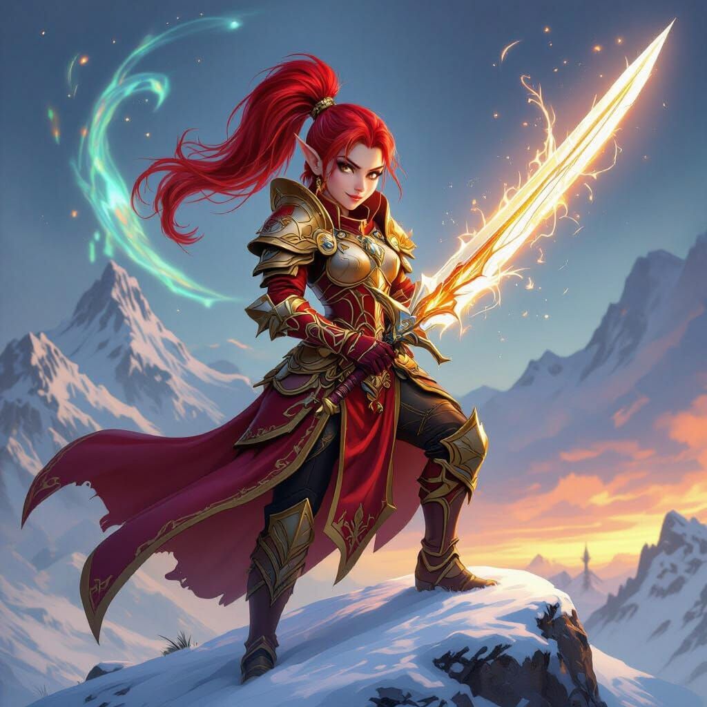 High Elf Paladin Wielding Holy Sword on Mountain Peak
