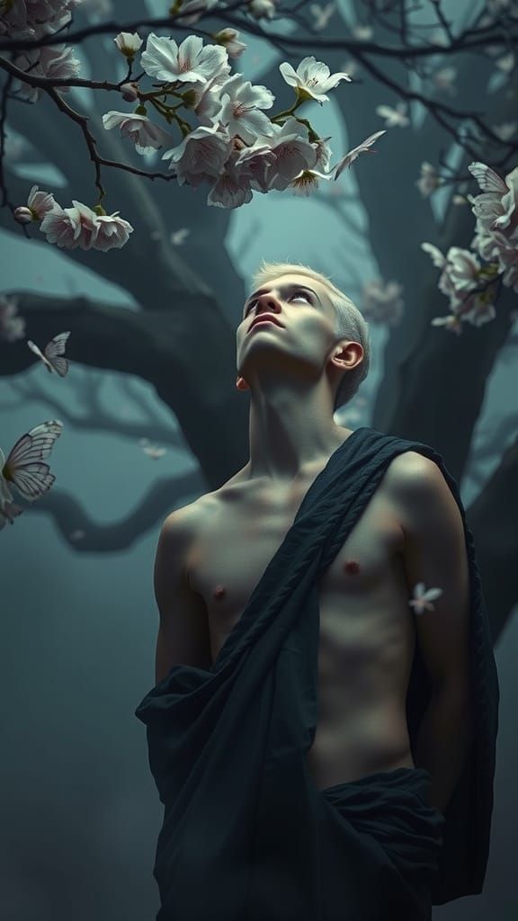 Mystical Blossoms Dance Around Albino Man in Digital Art