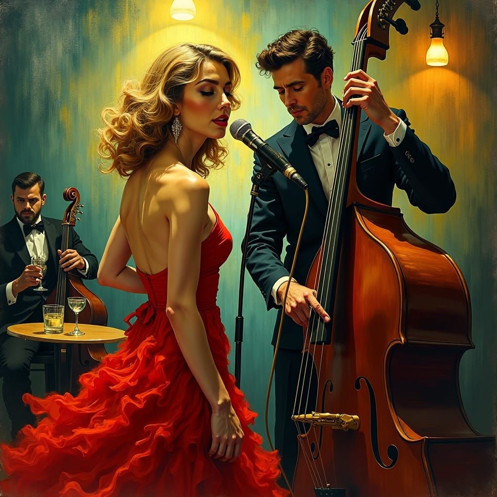 Glamorous Singer in Crimson Dress as Rockwell and Leibovitz ...