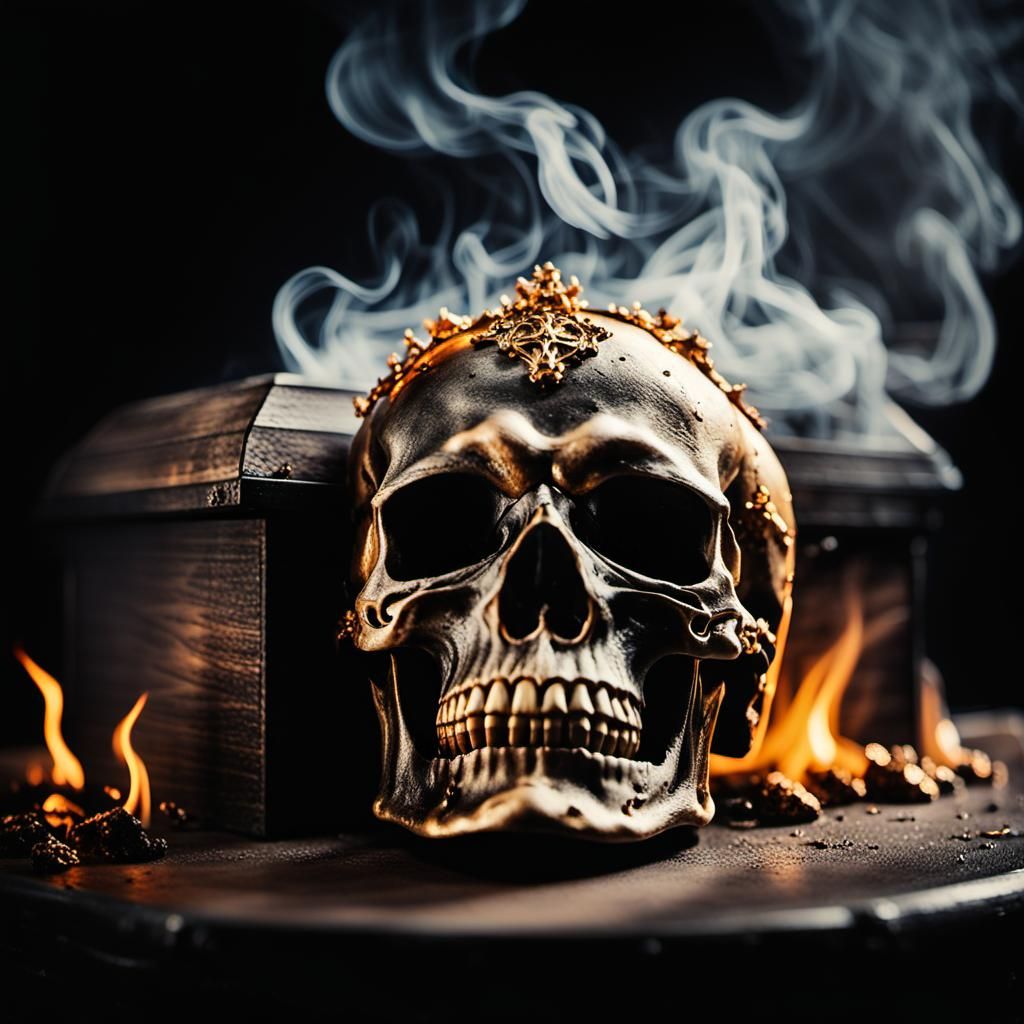 Black with gold Skull on fire in a cofin Professional photog...