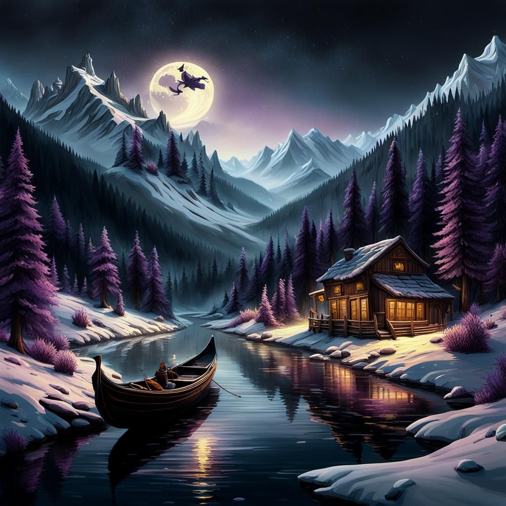Dreamlike Gondola in Alpine Stream: Surreal Concept Art