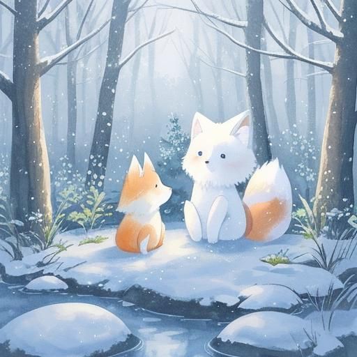 Anime Girl and Fox in Snowy Watercolor Scene