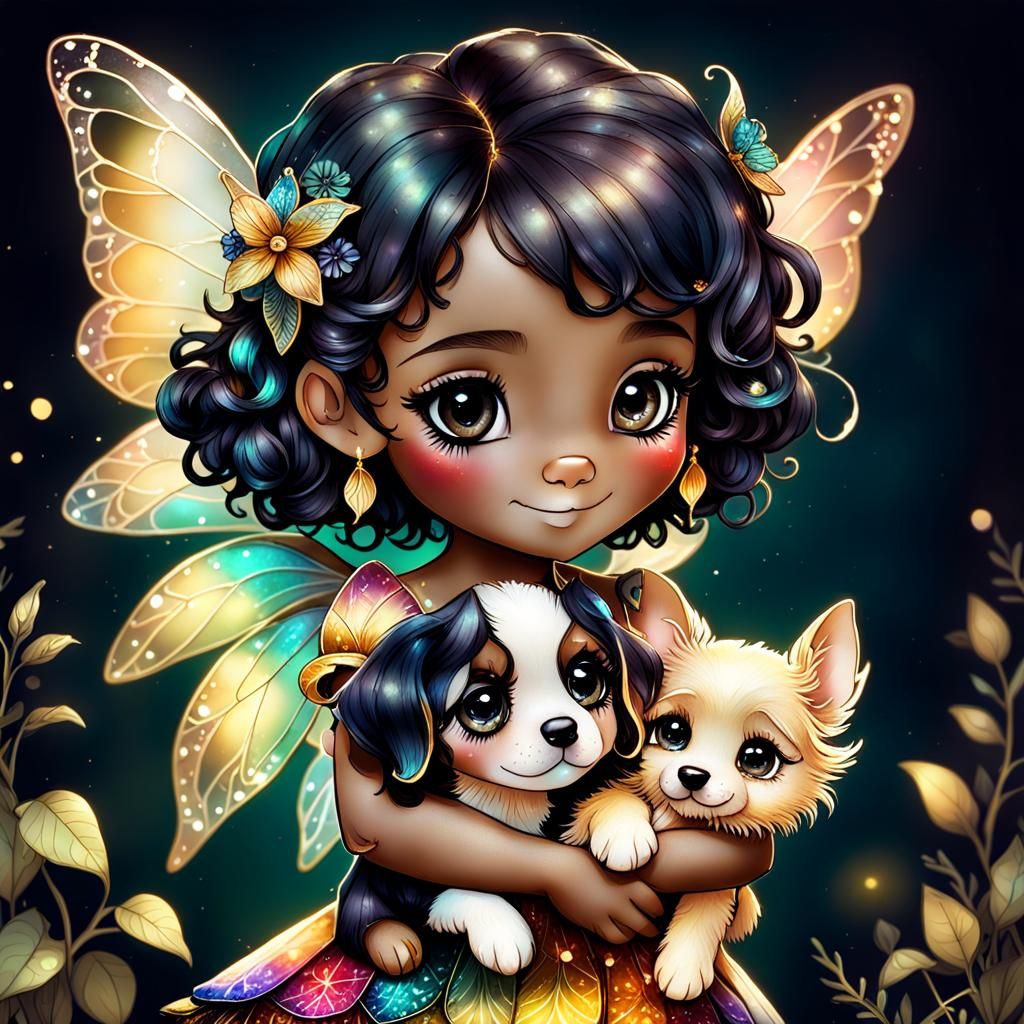 Melanin Chibi Fairy with Puppy in Alcohol Ink Style