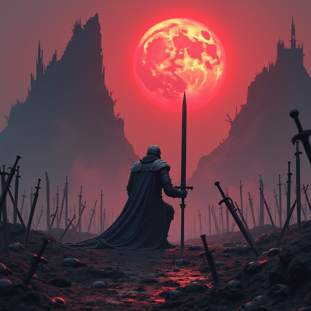 Knight on Desolate Battlefield in Dark Fantasy Style