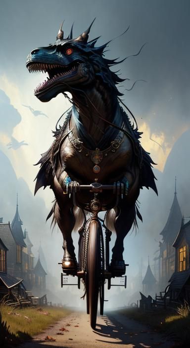 T-Rex Rides Penny-Farthing in Steampunk Autumn Village