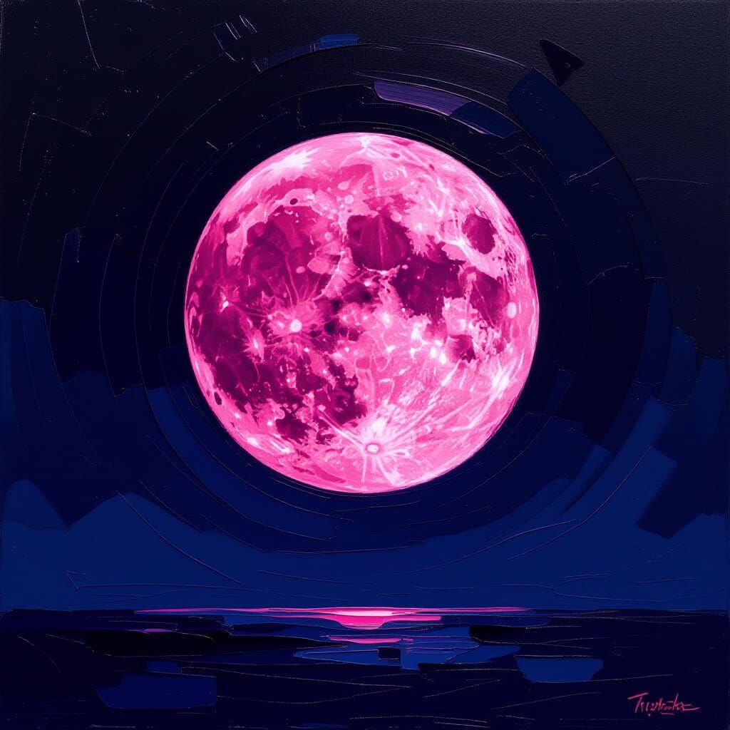 Vibrant Pink Moon in Black Sky Oil Painting