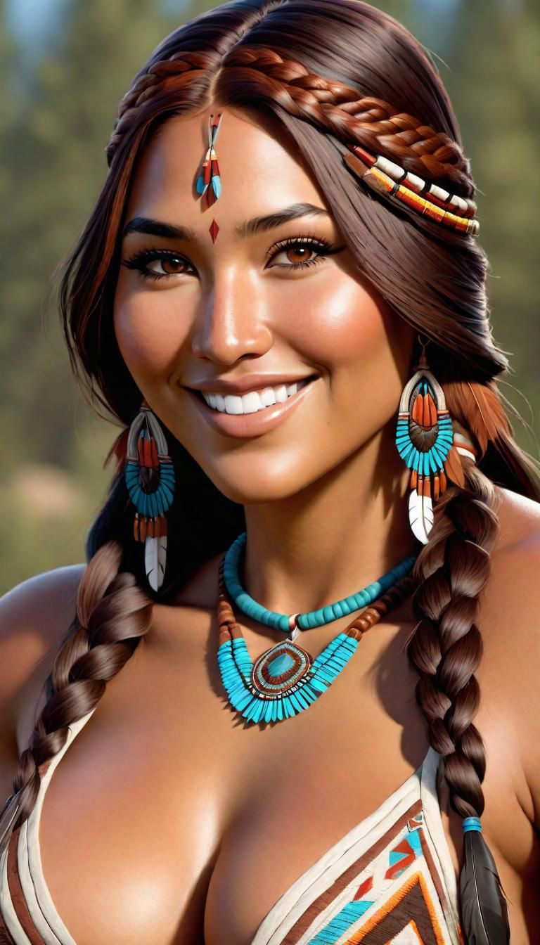 Photorealistic Portrait of a Smiling Native American Girl