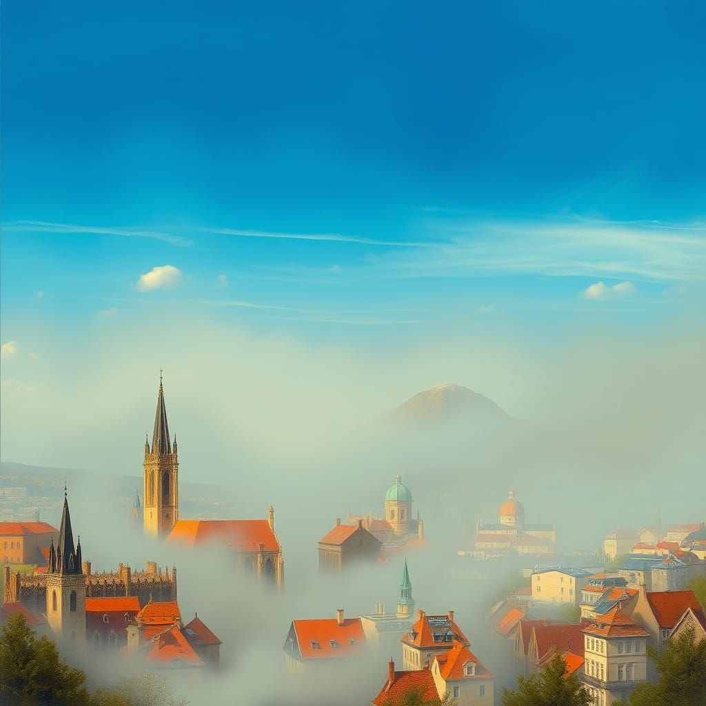 Ash-Covered Medieval Cityscape Against Blue Sky