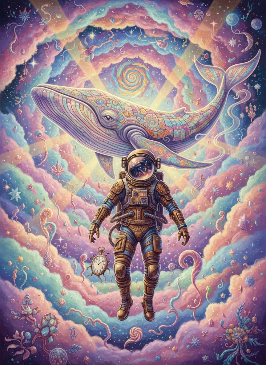 Astronaut Drifts Through Candy Floss Nebula with Cosmic Whal...