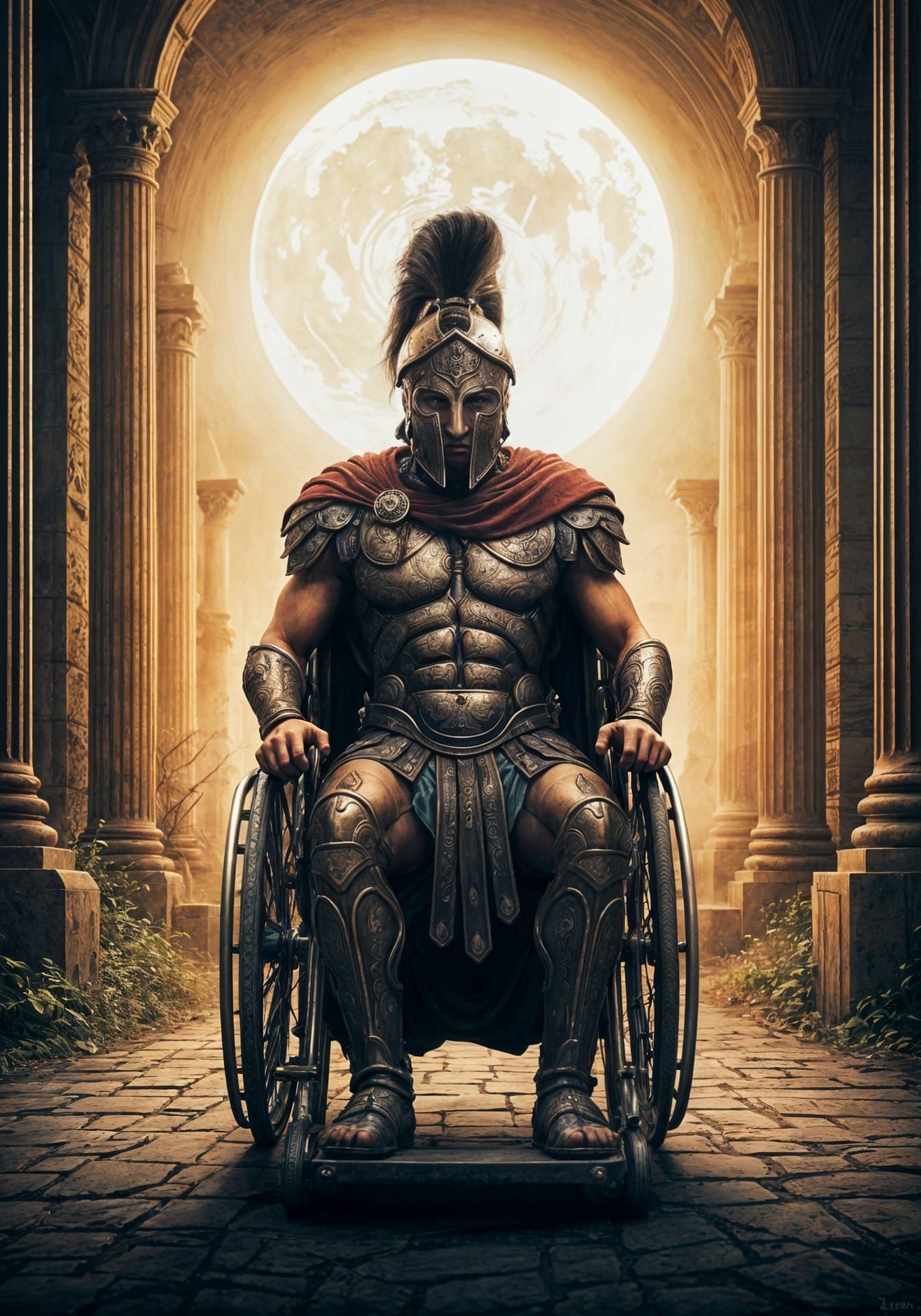 Spartan Warrior in Wheelchair Watercolor Art