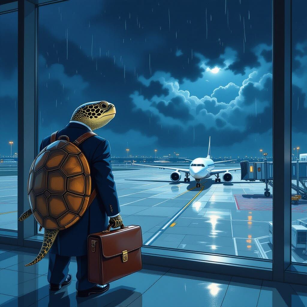 Ornate Turtle Waits at Night Airport for Stormy Skies
