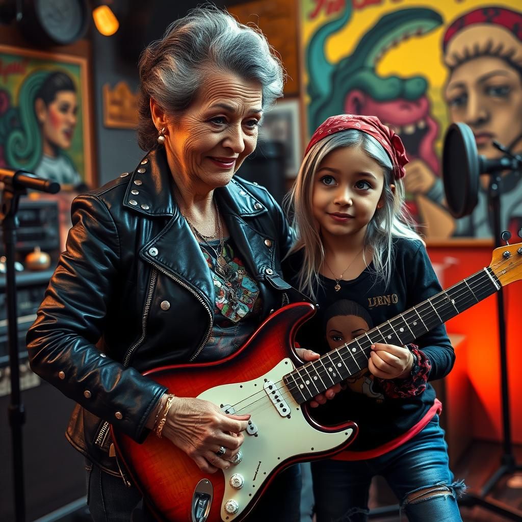 A Mexican punk rock grandmother teaches her granddaughter to play electric guitar in the recording studio.