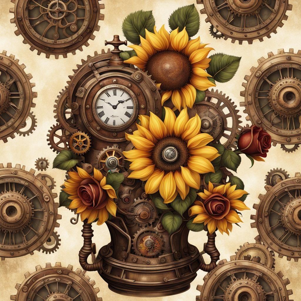 Steampunk Floral Still Life with Gears and Clouds