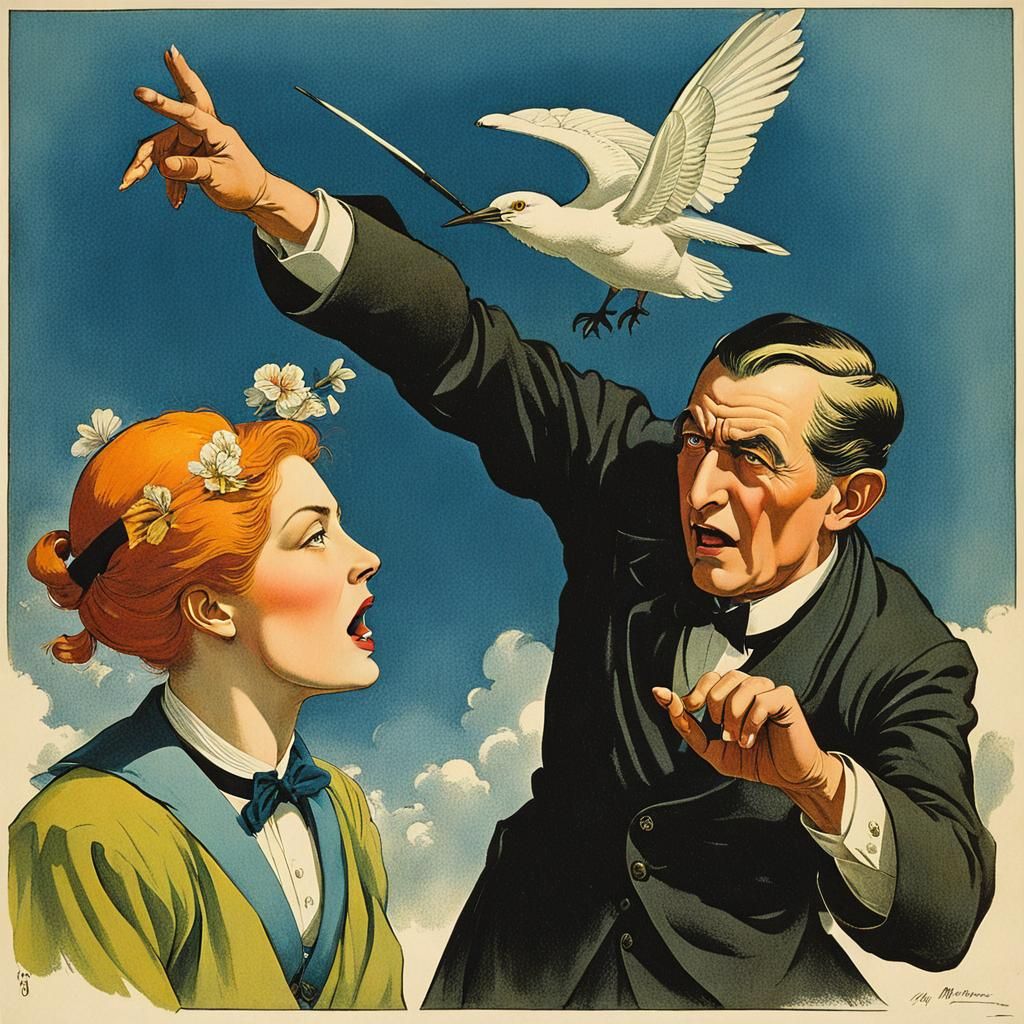 anime style of Charles Maurice Detmold beautiful woman arguing with man