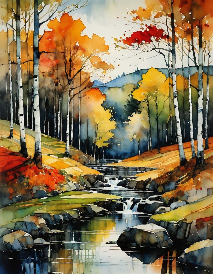 Ethereal Autumn Landscape in Expressionist Watercolor Style