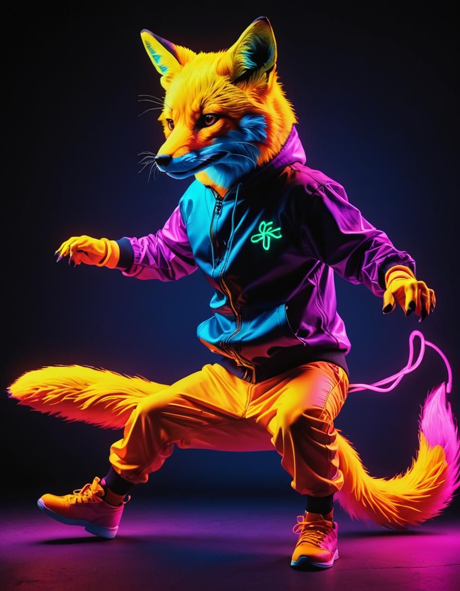 Neon Fox Breakdancing in the Dark